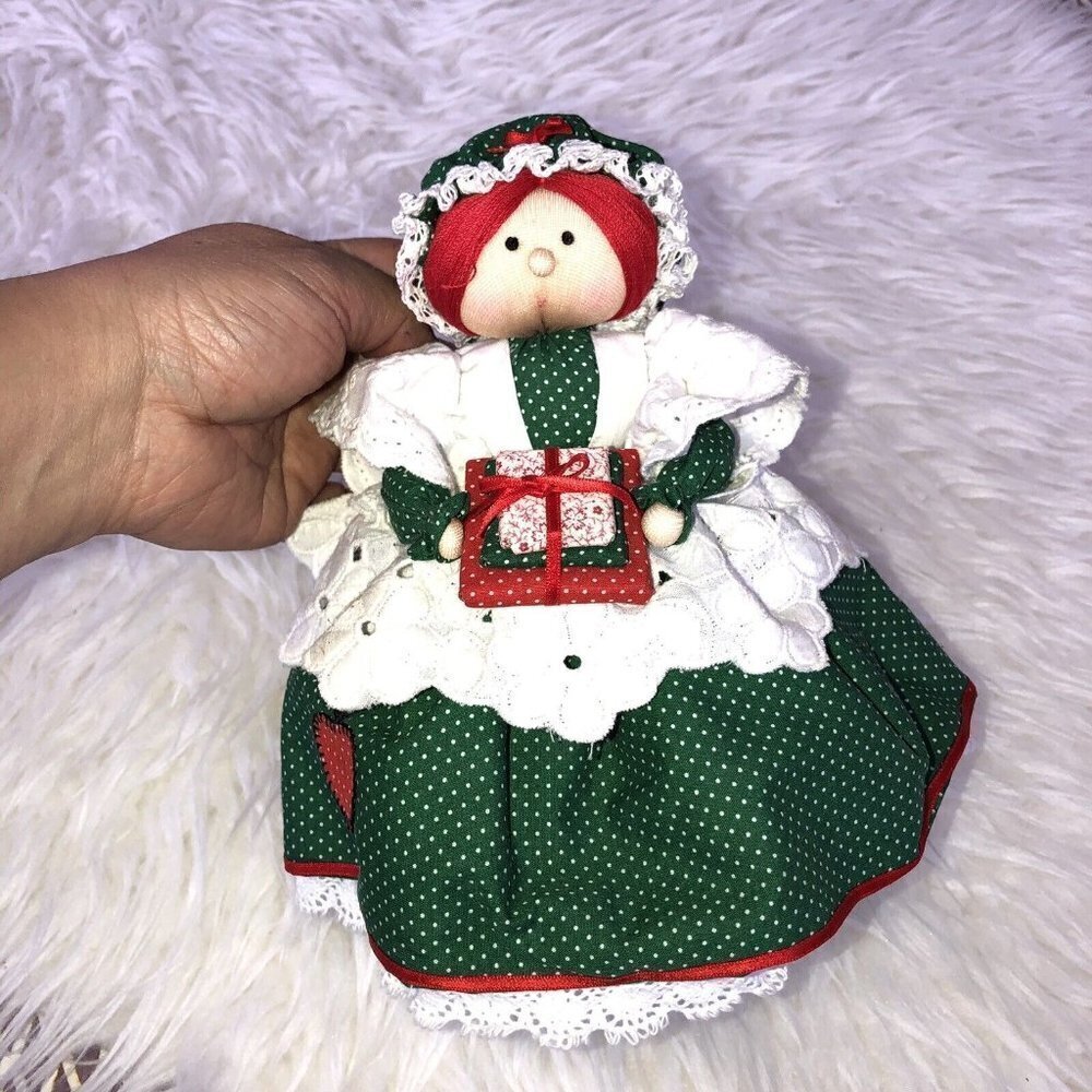 Vintage MRS CLAUS Handmade Christmas Doll Embroidered Dress Padded Self Stand